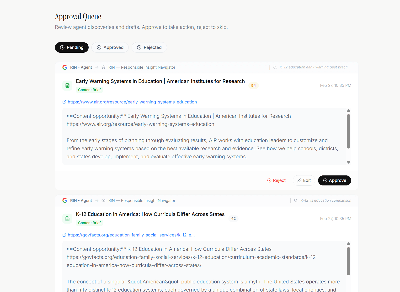 Glimpse approval queue showing pending reviews